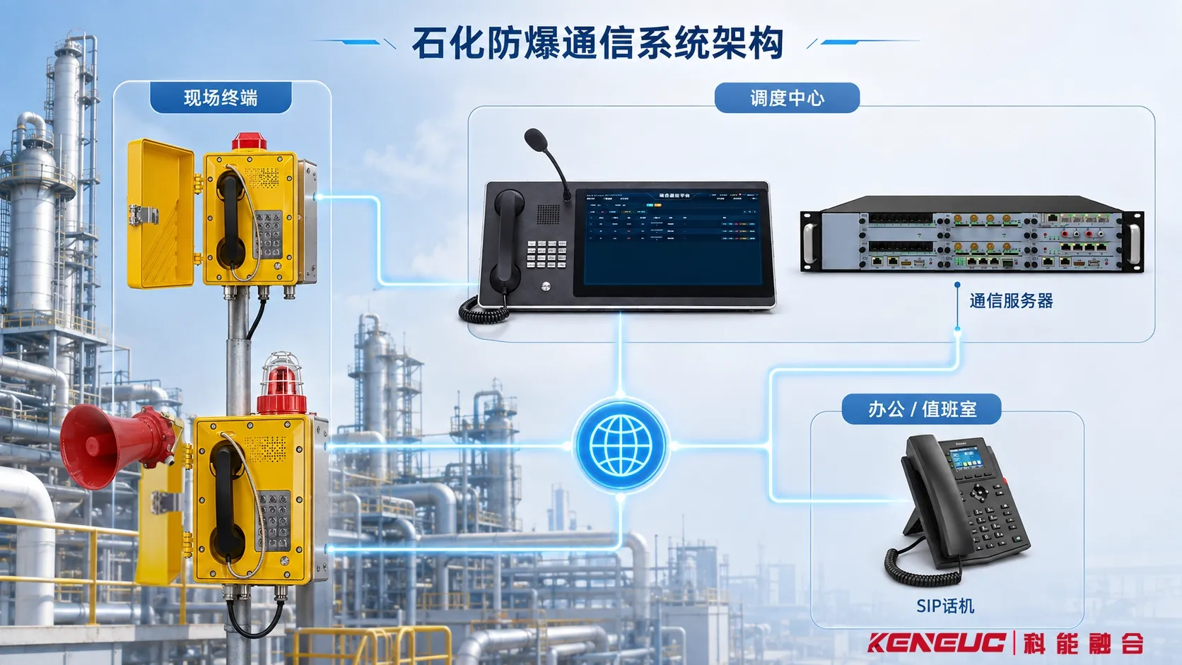 石化工业防爆通信系统架构展示，包括调度中心、IP通信服务器、工业网络和现场防爆终端