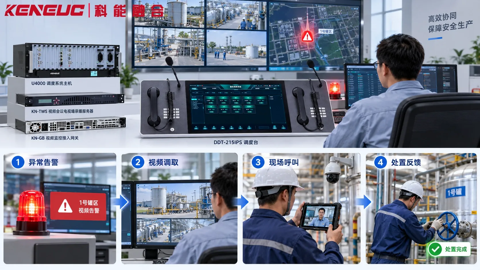 工业园区设备告警触发的视频调度流程，包含点位关联、视频调取、现场呼叫、会商与处置反馈