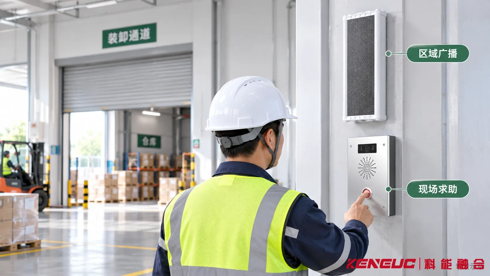 园区现场求助终端、区域广播设备与调度中心协同工作的场景示意
